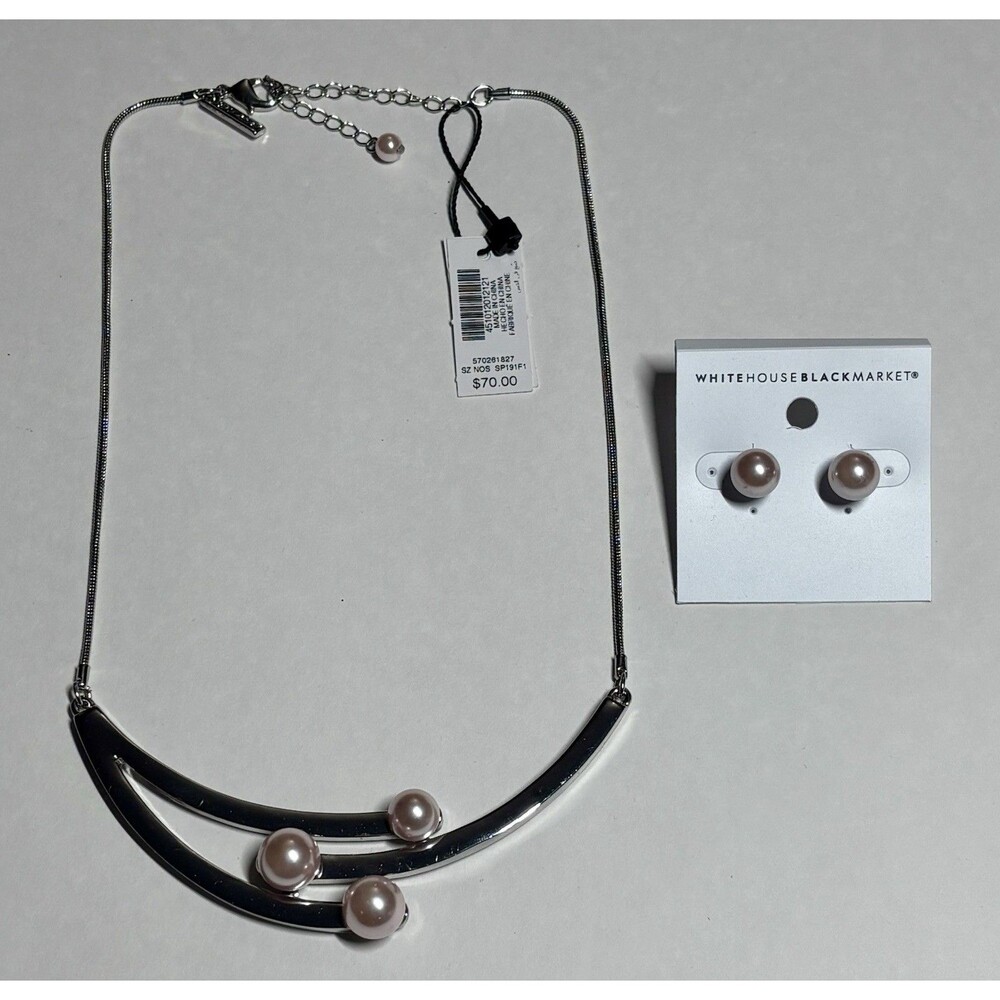 White House Black Market WHBM Pink Pearl Necklace & Earring Set Silver Tone NWT
